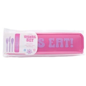 NEW "Let's Eat" Reusable 4 Pcs Utensil Set Back To School Pink Purple BrightStar